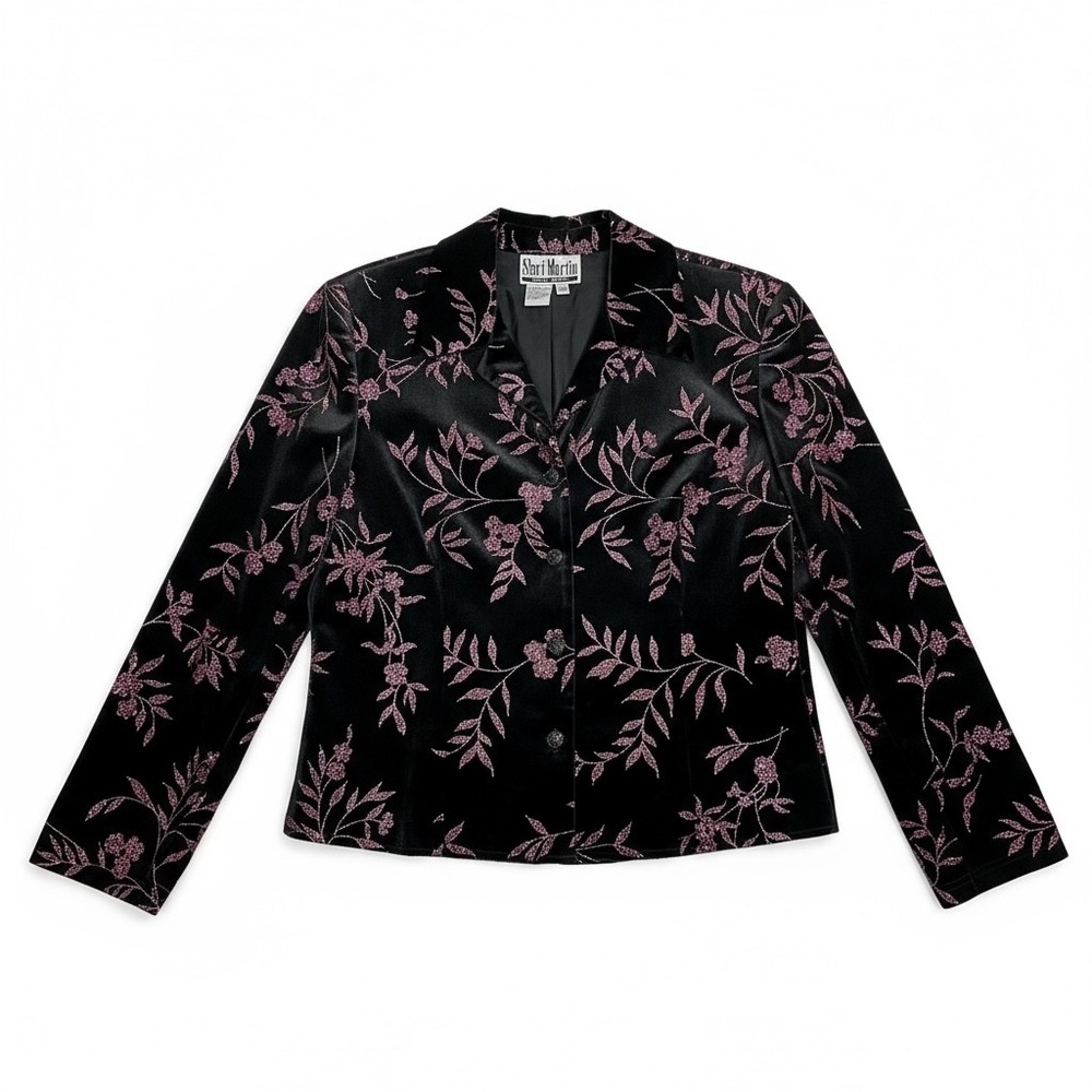 Vintage Sheri Martin Black Velvet Suede Floral Glitter Blazer Jacket 10